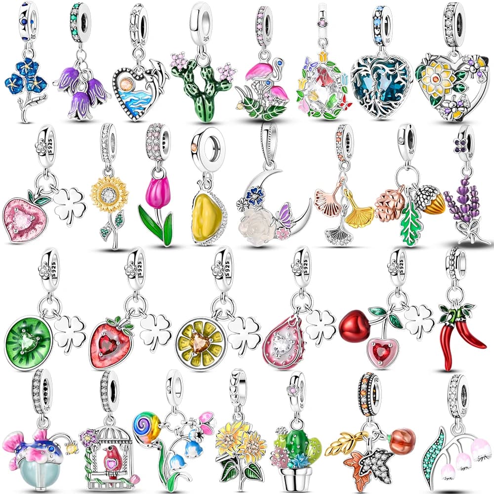 2025 Nuovi Charms 925 Sterling Silver Colorato Pianta Fiore Frutta Branelli di Fascino Misura Serpente Catena Del Braccialetto Della Collana Delle Donne Gioielli FAI DA TE