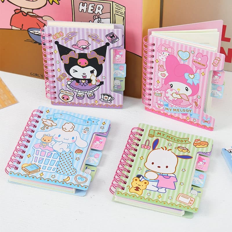 Sanrio Kuromi My Melody Cinnamoroll A7 Notebook, Cute Gold Foil Divider Journal For School Office Gift High-looking stationery