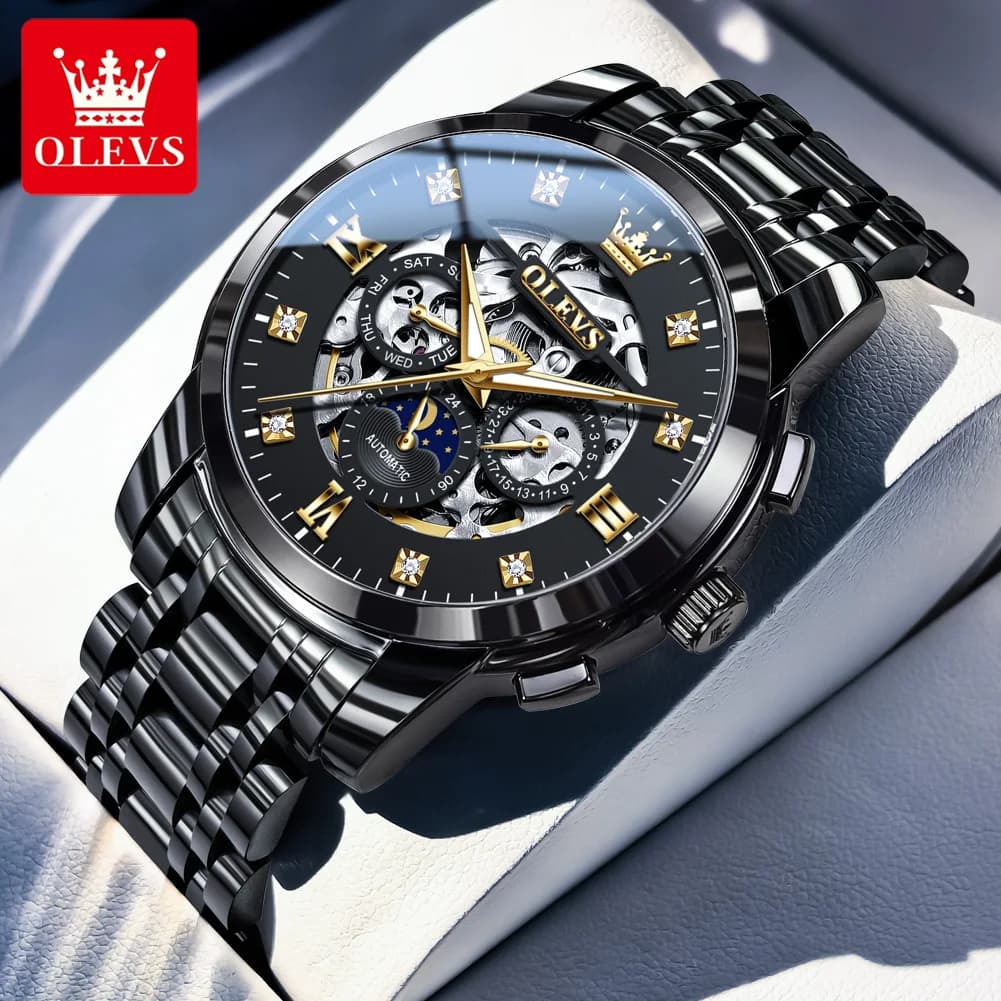 OLEVS 6721 Automatic Mechanical Men's Watch Multi-functional Skeleton Black Steel Strap Luxury Men's Wristwatch