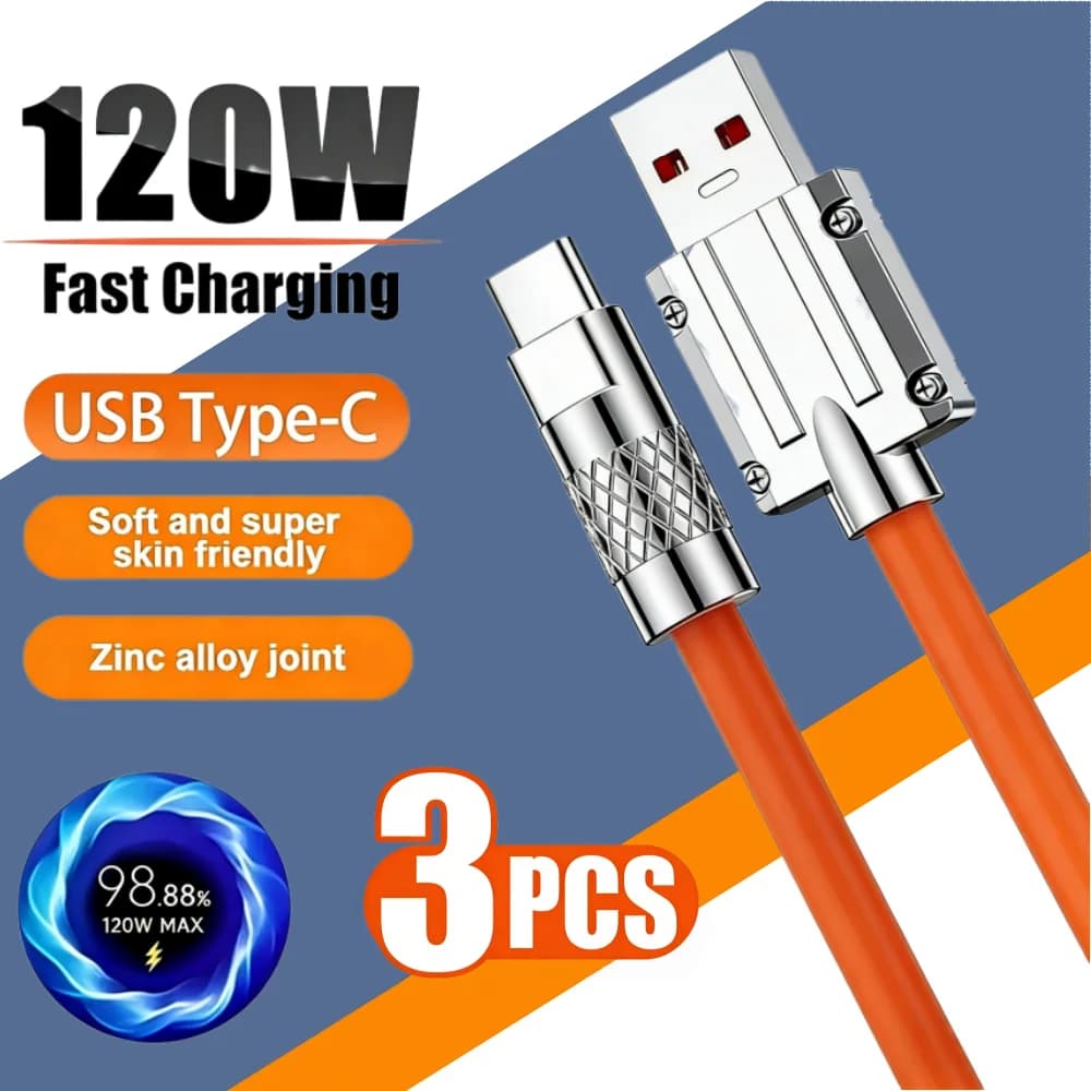 3 Type-C Cable Parts in 120W Silicone Liquid for Super Fast Charging, USB C Cable for Xiaomi Huawei Samsung, Data Cable for Phone