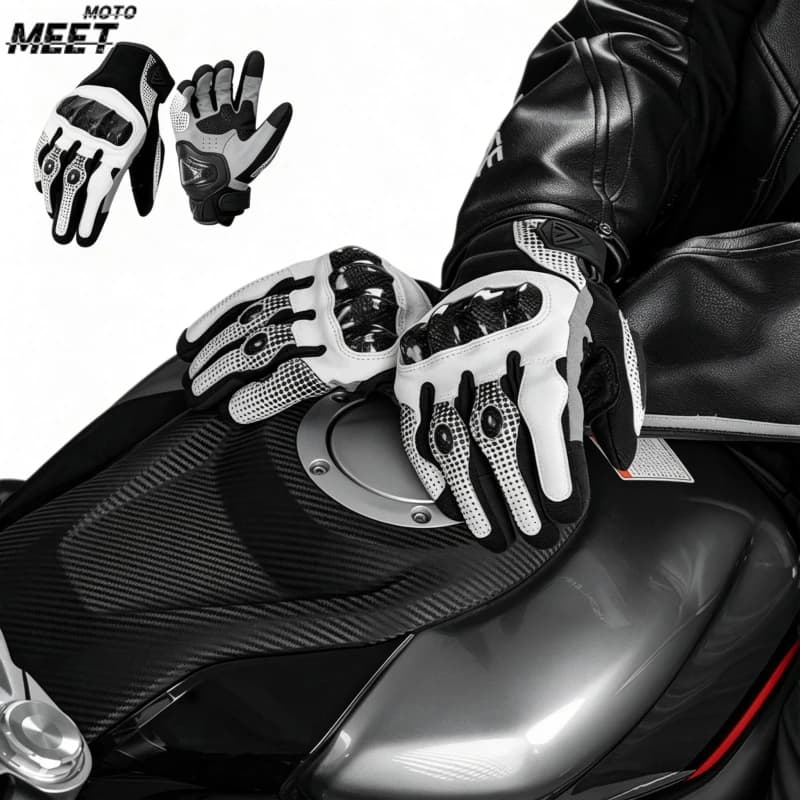Men Women 4 Season Motorcycle Leather Gloves, Black White Supertech Racing Motorbike Cowhide Riding Gloves for Bike Knig