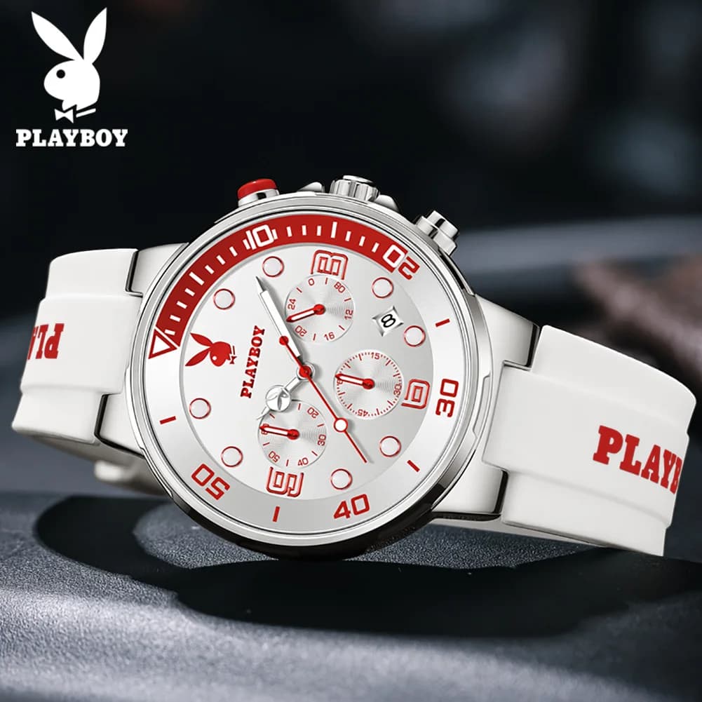 PLAYBOY Quartz Watches for Men Casual Fashion Silicone Strap Waterproof Luminous Chronograph Auto Date Sports Wristwatches 3036