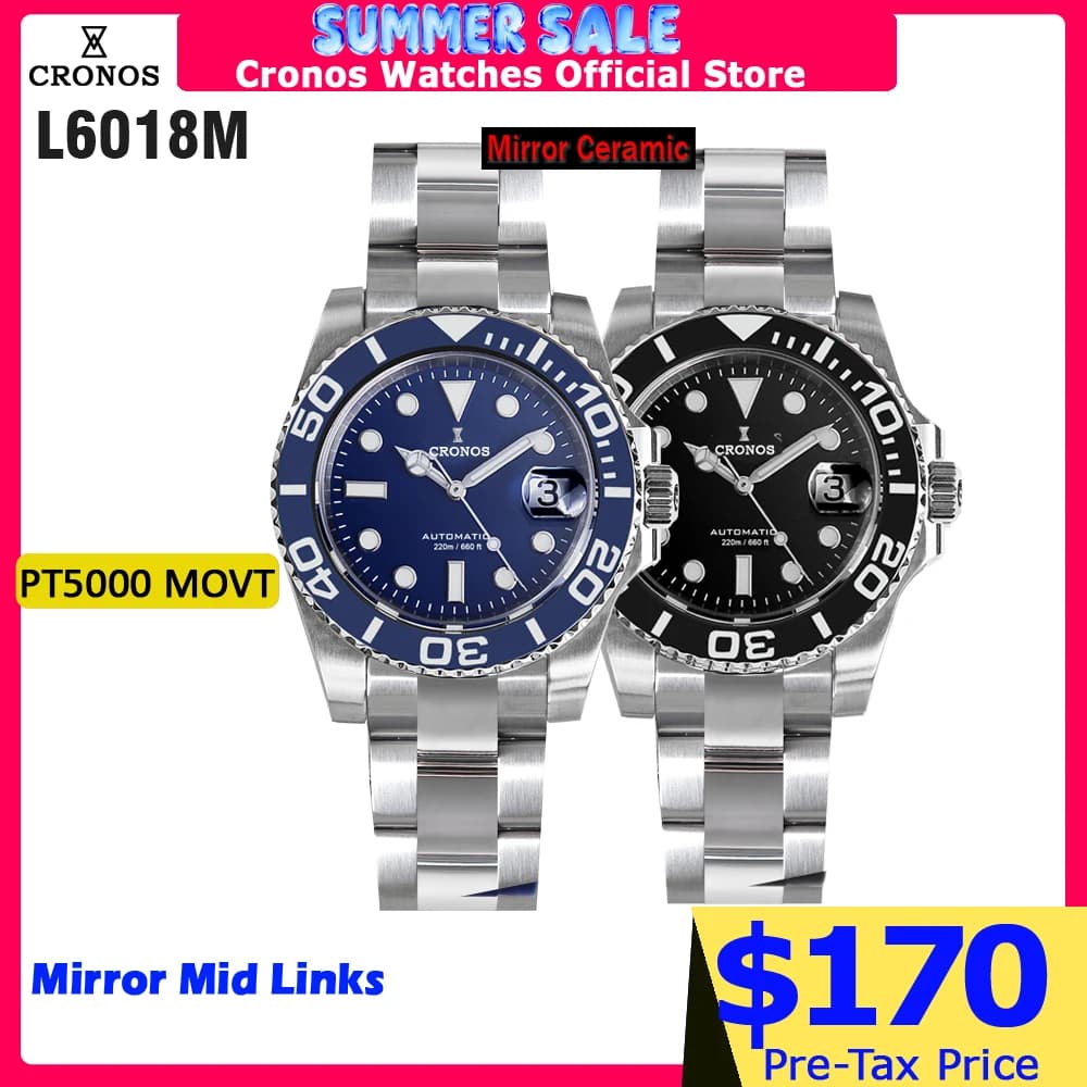 Orologio Cronos Sub Diver da uomo in acciaio inossidabile con bracciale PT5000 e lunetta in ceramica, resistente all'acqua fino a 200 metri L6018