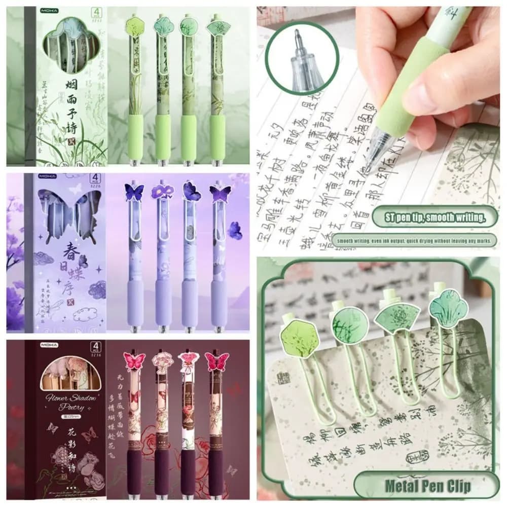 4PCS/Box Cartoon 0.5mm Black Ink Gel Pen Butterfly Series Press Using Ballpoint Pen Quick Drying Soft Grip Neutral Pen Students