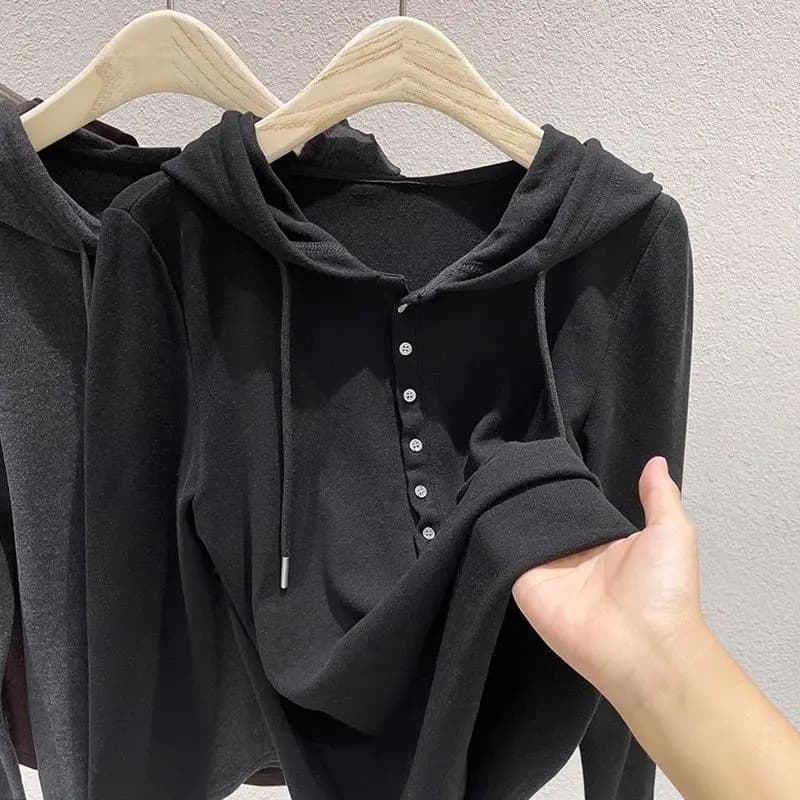 Korean Style Double Sided Fleece Long Sleeve Hoodie Women's Slim Fit T-Shirt Autumn Winter Thermal Wear Base Shirt Trendy Top