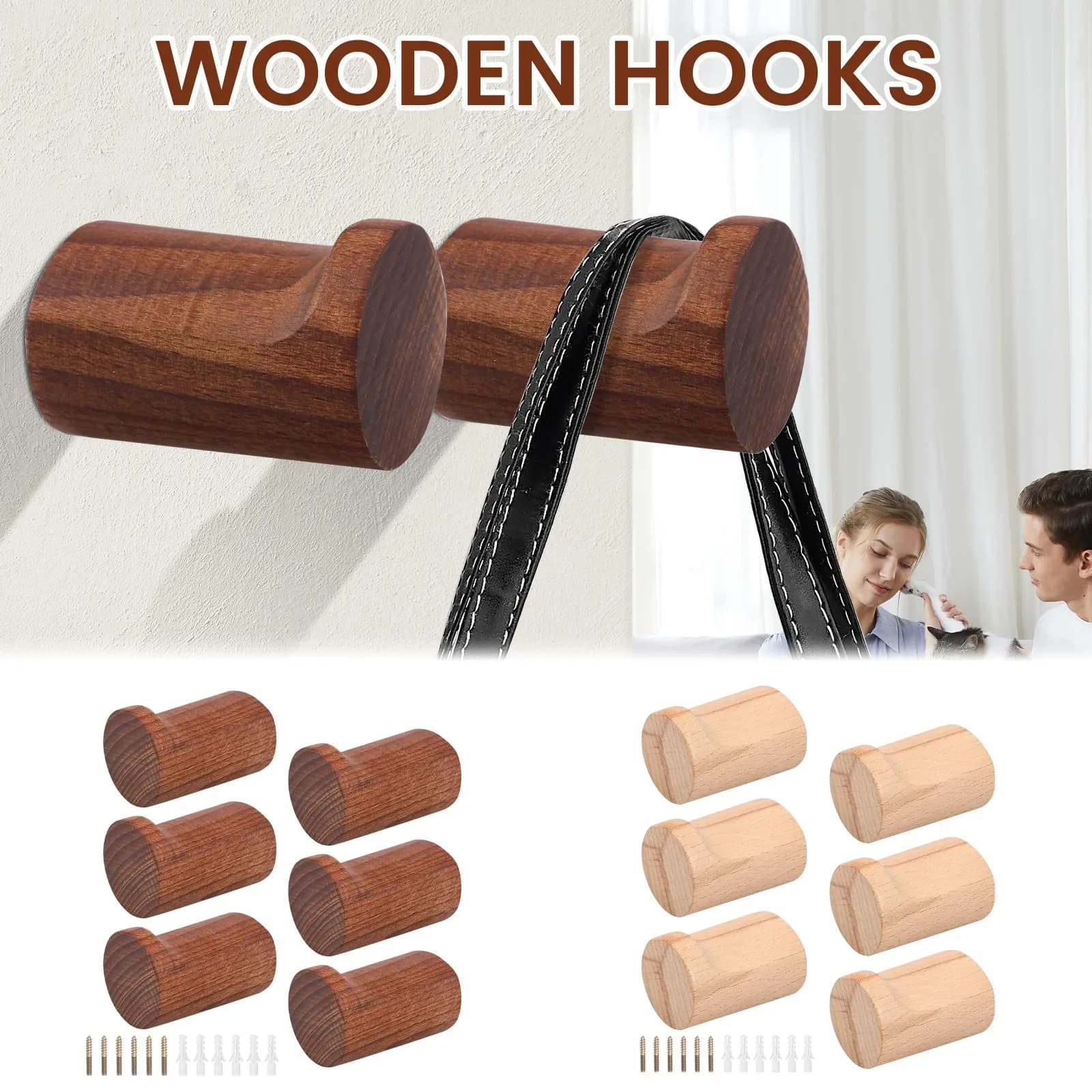 6Pcs Wood Clothes Hanger Wall Mounted Coat Handbag Hat Hook Decorative Key Holder Scarf Towels Clothes Entryway Storage Hanger