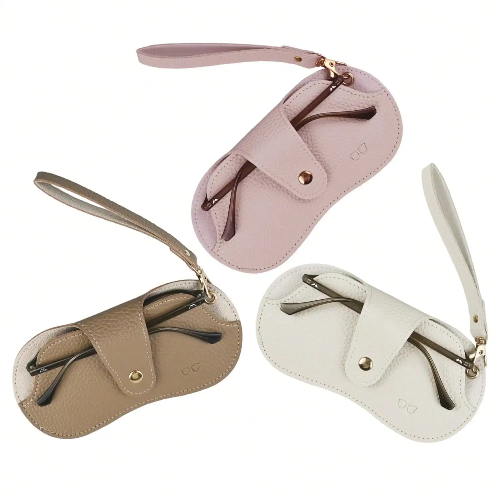 Set di 3 Custodie Morbide in Pelle per Occhiali da Sole, Porta Occhiali Portatile Sottile con Bottone, Clip e Cinturino da Polso