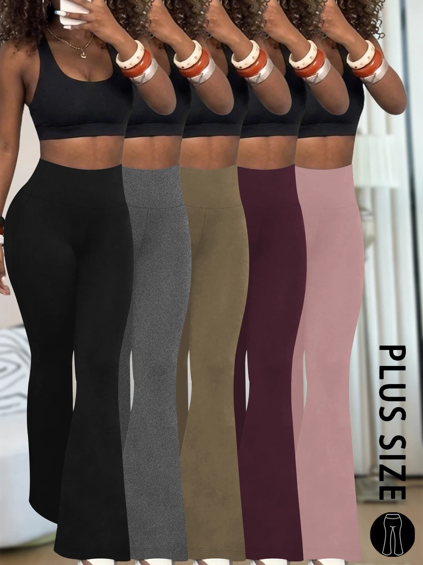 Confezione da 5 pantaloni yoga a vita alta e gamba svasata da donna, taglie forti, con orlo alla caviglia. Perfetto per lo yoga o per il tempo libero.