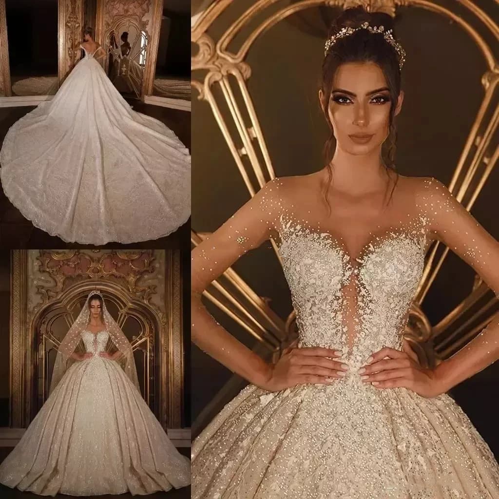 Abiti da Sposa di Lusso con Perline, Maniche Lunghe Trasparenti, Scollo a Cuore, Strascico a Cappella, Abiti da Sposa Personalizzabili