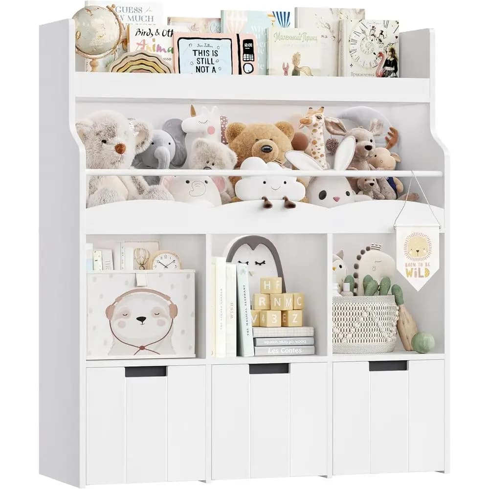 Kids Toy Storage Organizer with Bookshelf, Multifunctional Book Shelf with 3 Movable Toy Organizers for Kids Room, Kids Bookcase