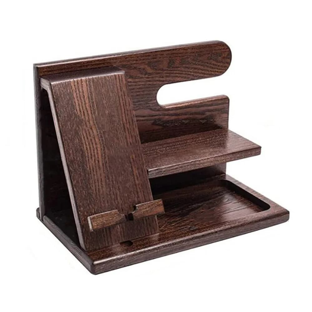 Supporto per telefono in legno massello con ricarica, design a scanalatura stabile, salvaspazio, stazione di aggancio per telefono, portaoggetti rimovibile per portachiavi e portafoglio