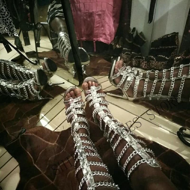 2026 Multi Strap Gladiator Sandals Boots Knee High Heels Women Peep Toe Stiletto Clubwear Shoes Summer Multi Belt Sexy Party