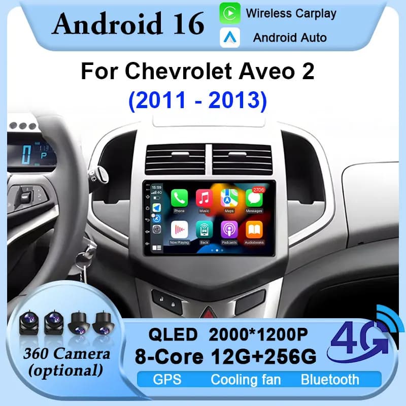 Android 16 Car Radio For Chevrolet Aveo 2 2011-2013 QLED 4G WIFI CarPlay Auto Multimedia DSP Stereo Video Player BT HD Screen