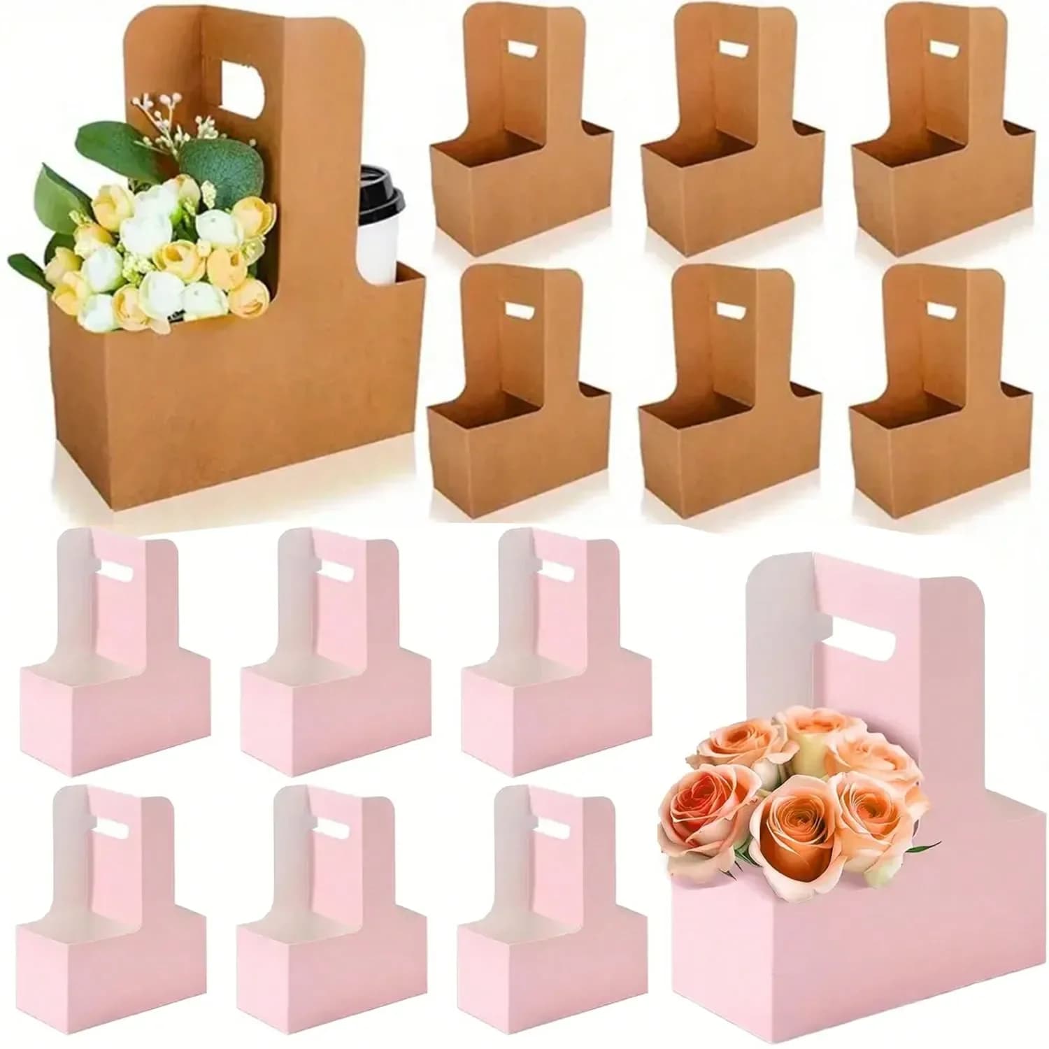 Sacchetti regalo per bouquet di fiori in carta kraft Materiale cartaceo, manico portabevande per involucro floreale Scatola da imballaggio Cestino porta carta