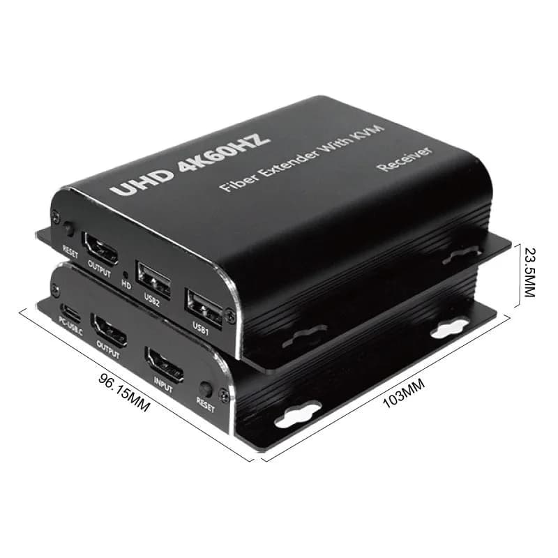 Aluminum Fiber KVM Extender 20KM 4K60Hz, HDMI-compatible 1080P144Hz Optical Transmitter Receiver, Black, CE FCC RoHS Approved