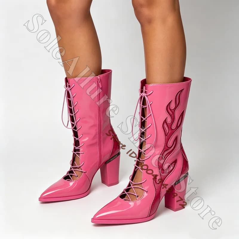 Hot Pink Patent Flame Embroidery Western Mid Calf Boots Side Corset Lace-Up Pointed Toe Block Heel Booties Y2K Cowgirl Boots