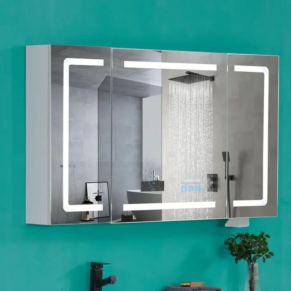 Armadietto Medicinali LED da 48 Pollici con Specchio Intelligente, Altoparlante Bluetooth, Orologio, Display Temperatura, Dimmerabile, 3 Temperature di Colore