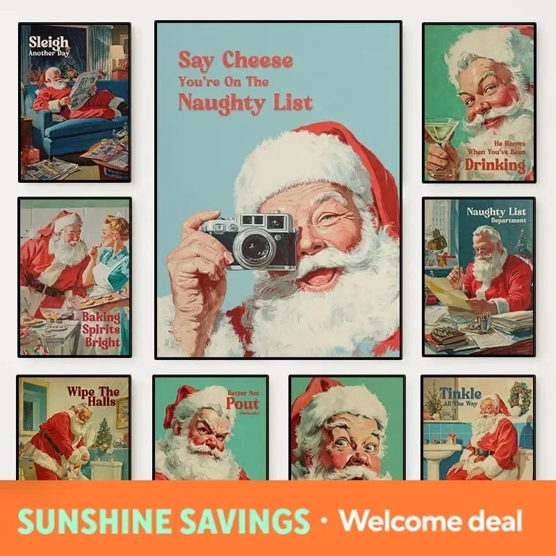 Funny Santa Claus Poster Vintage Christmas Humorous Diamond Painting Prints Wall Art Picture for Bathroom Living Room Home Dec