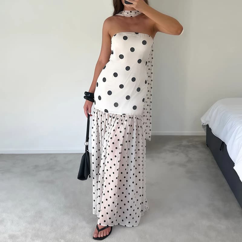 Fashion Polka Dot Print Sleeveless Party Dress Sexy Strapless Match Scarf Women Long Dress Elegant Mesh Patchwork Hem Maxi Dress