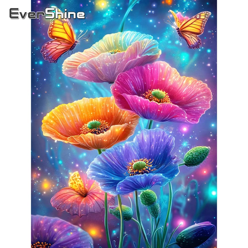 Quadro con Diamanti Evershine: Fiori e Farfalle in Mosaico di Strass, Ricamo a Punto Croce Fai da Te, Arte per Soggiorno e Casa