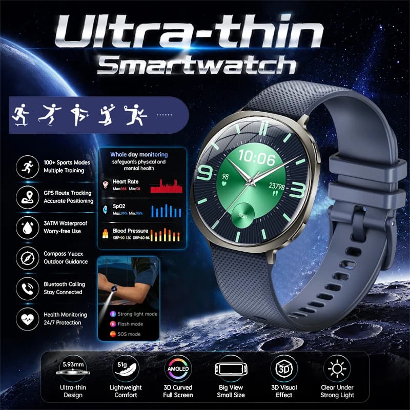 New M301 Smart Watch Round Curved Screen Dial Calling Alarm Clock Flashlight Health Tracking Fitness for Women Men Smart Watch