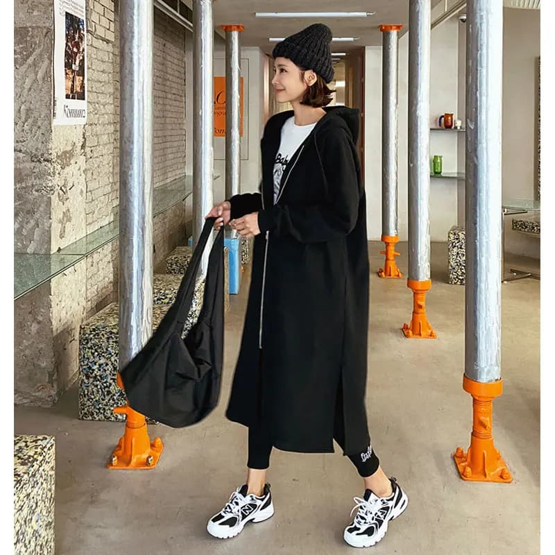 Spring Zipper Hoodie Jacket Mid-Length Fleece-Lined Loose Thickened Open Cardigan Women's Cotton Sweatshirt Trendy Commute Style
