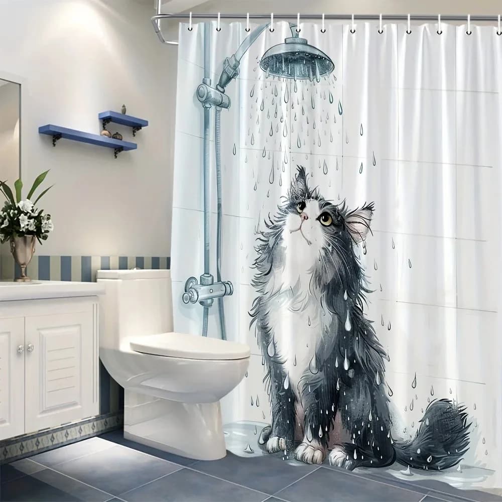 Tenda da doccia con motivo da bagno gatto nero divertente e interessante da 1 pezzo, tenda da doccia impermeabile, tenda da doccia per decorazione del bagno
