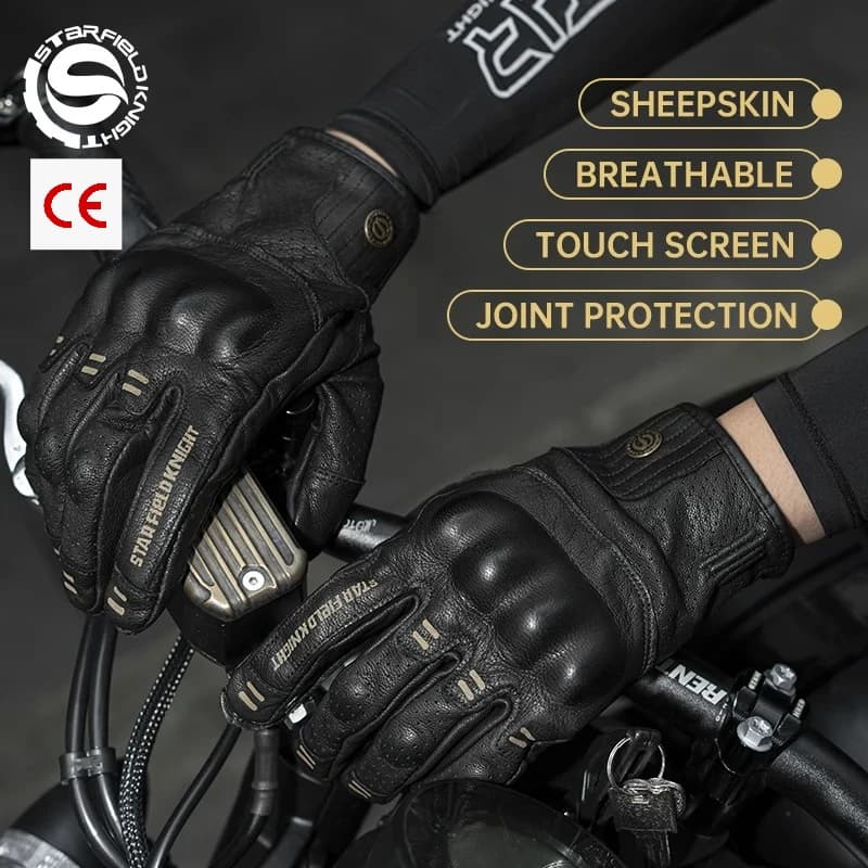 Star Field Knight Motorcycle Sheepskin Harley Leather Riding Gloves Motorcycle Riding Gloves with Retro Modification Design