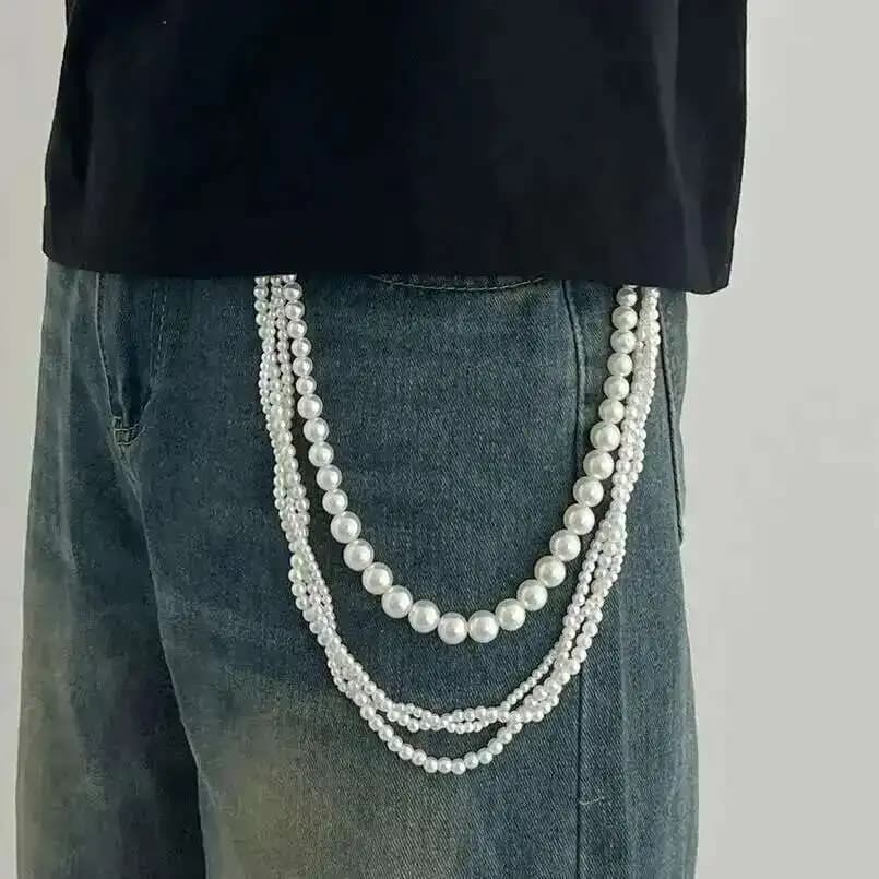 Salircon Fashion Multilayer Imitation Pearl Belt Pants Chain Men 2025 New From Wearing Daily Key Wallet Chain Accessories Jewelry