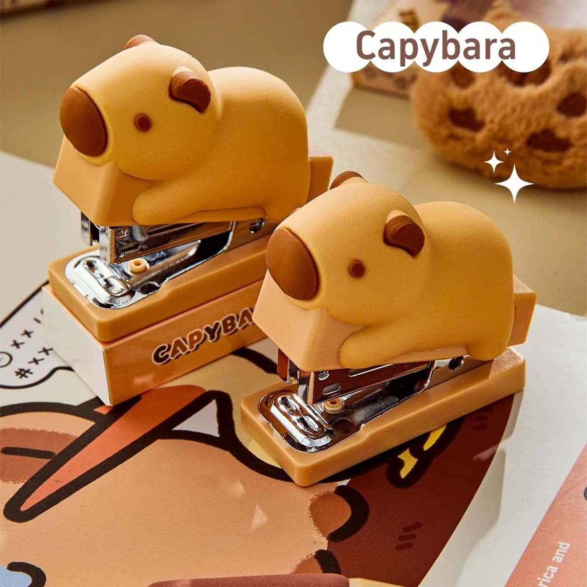 Mini Capybara Cucitrice 400 pezzi 24/6 Graffette Set Cartoon Design Raccoglitore portatile Strumenti di rilegatura per ufficio F7713