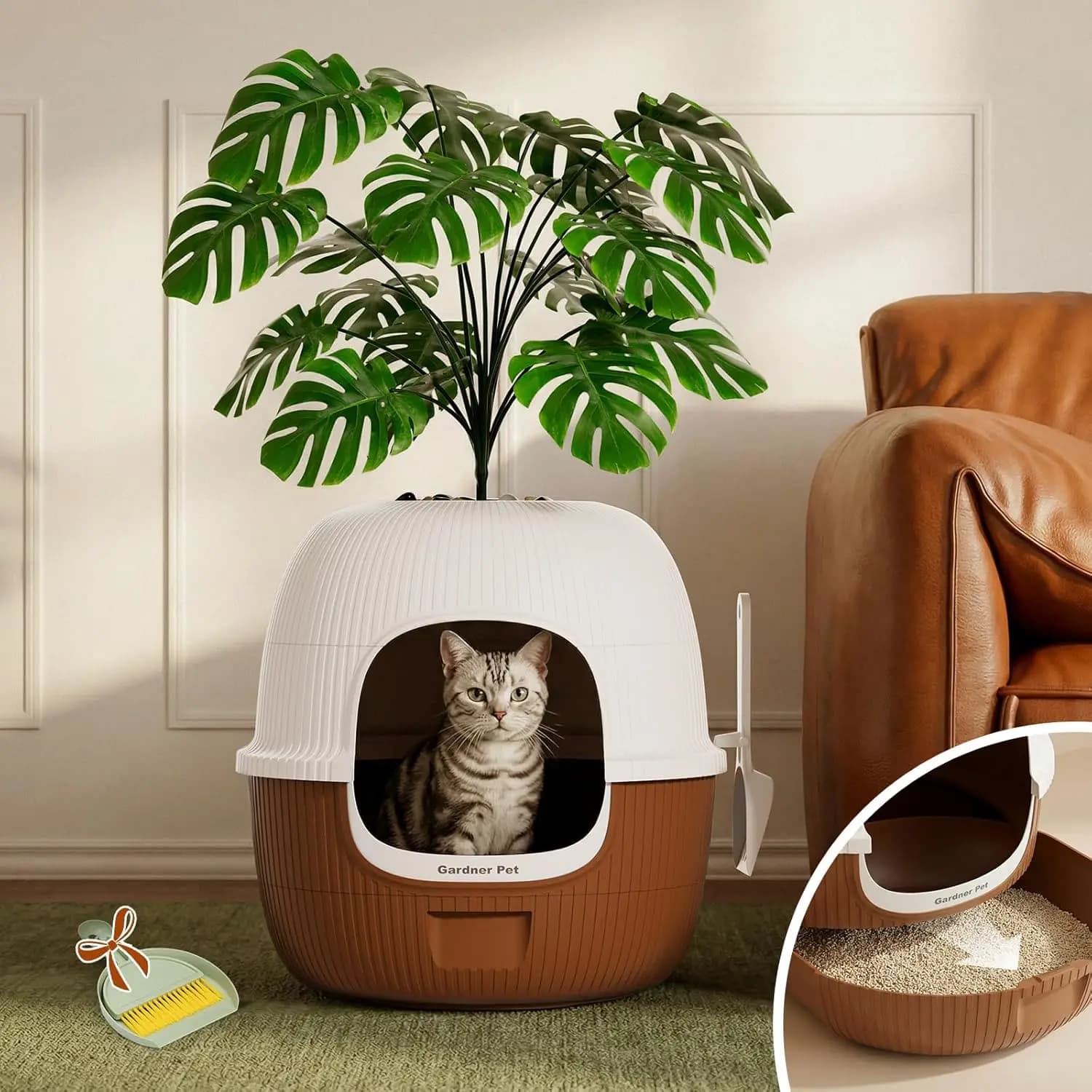 Lettiera per Gatti Nascosta con Pianta Artificiale e Paletta, Filtro Anti-Odore, Facile da Riempire e Pulire, Contenitore Marrone Anti-Perdita