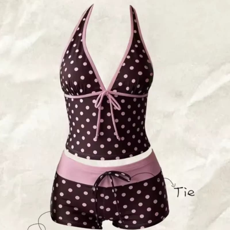 Women Swimwears Polka Dot 2-Piece Tankini Set Halter V Neck Front Tie Cami Top & Contrast Waistband Drawstring Swim Shorts