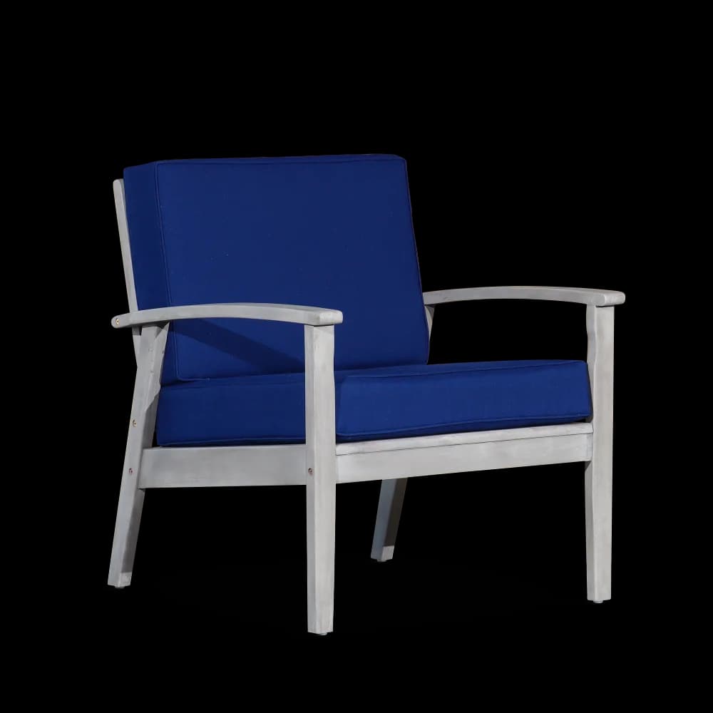 Sedia Deep Seat in eucalipto, finitura grigio argento, cuscini blu navy