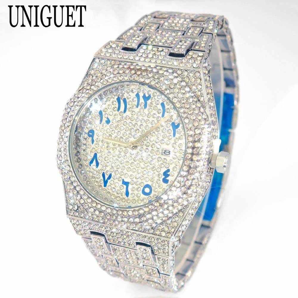 Quartz watch with new fashion brand Arabic numerals for men Luxury men's watch completely with iced waterproof bling silver diamonds Hot male watch