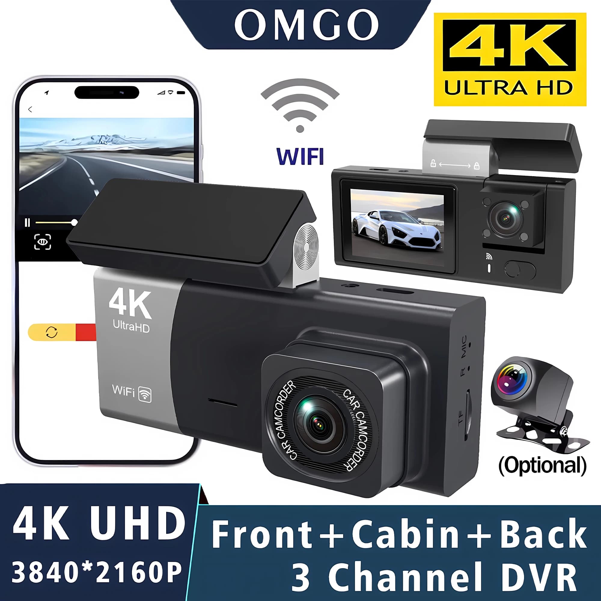 Video recorder Dvr for 3 channel car 4K 2160P Wifi Front cabin DashCam Reverse camera 24 hour car camera Parking monitor Black box