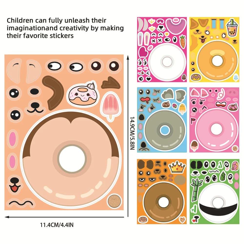 8 Fogli di Adesivi Puzzle Educativi con Animali a Forma di Ciambella, Giocattoli DIY per Cambiare il Viso, Ideali come Regali per Feste