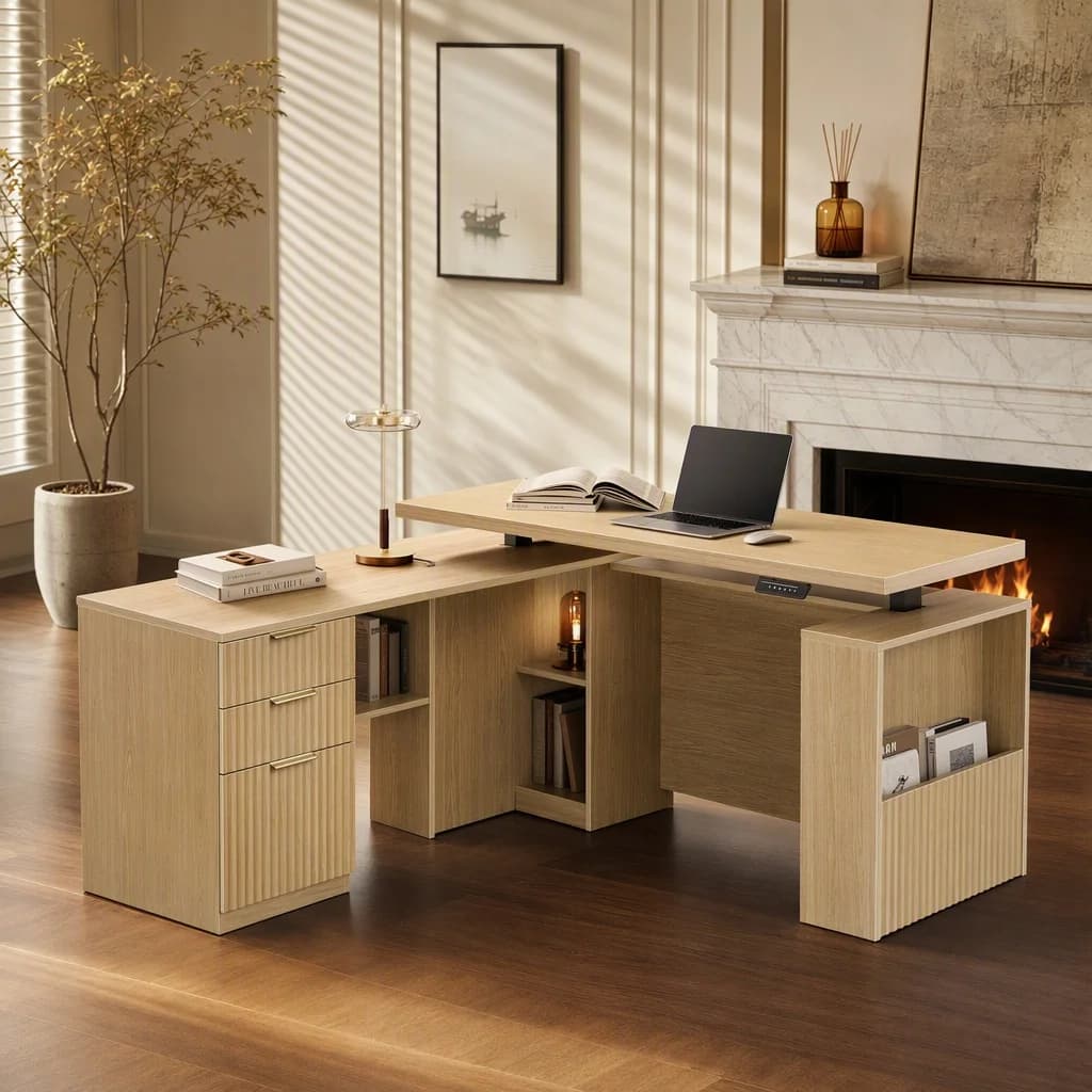 63 Inches L Shaped Standing Desk, Executive Electric Adjustable Desk with Storage Drawers and File Cabinet, AC/USB, 1.18" Thiken Desktop and Privacy Panel for Home Office