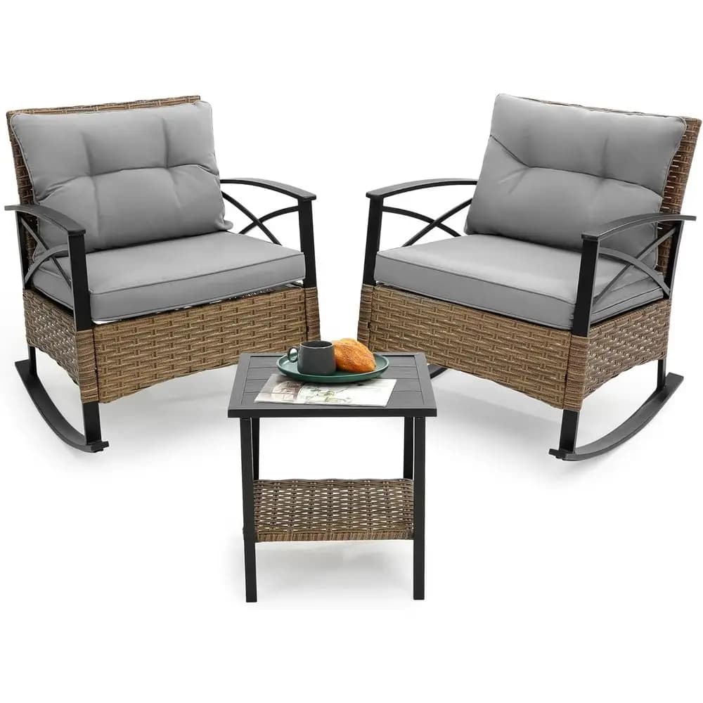 Set di Mobili da Giardino in 3 Pezzi con Sedie a Dondolo Imbottite per il Relax all'Aperto