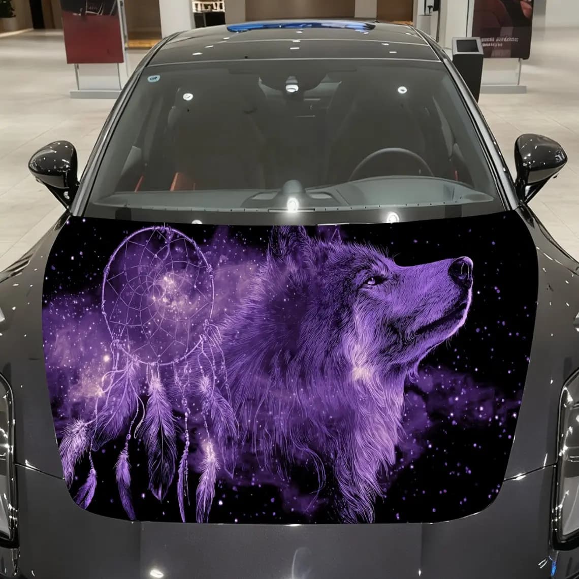 Purple Cosmic Dreamcatcher Wolf Car Cover Sticker, Auto Hood Decal, Car Exterior Scratch Resistant Decal, Trendy Gift for Car Lo