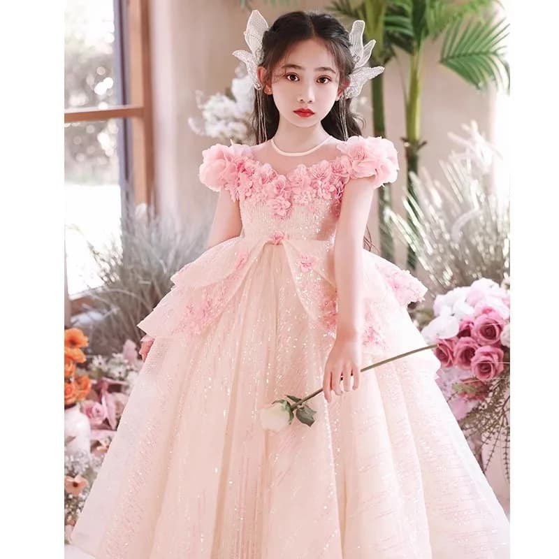 Abito da ragazza Abito da principessa con design floreale rosa Fata Compleanno romantico per bambini Piccolo ospite Abito gonfio di lusso leggero