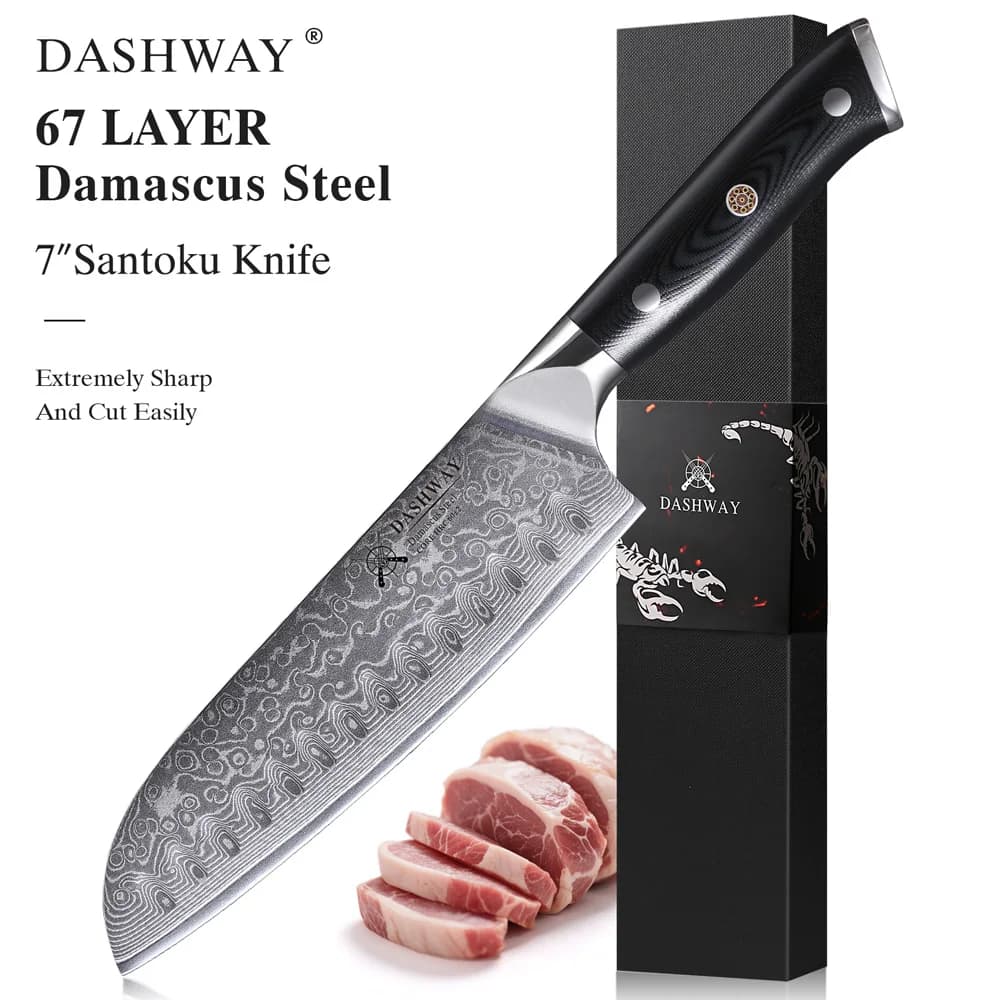 Coltello Santoku Giapponese DASHWAY 7" in Acciaio Damasco a 67 Strati, Coltello Professionale da Chef, Affettatrice, Tagliacarne, Utensile da Cucina
