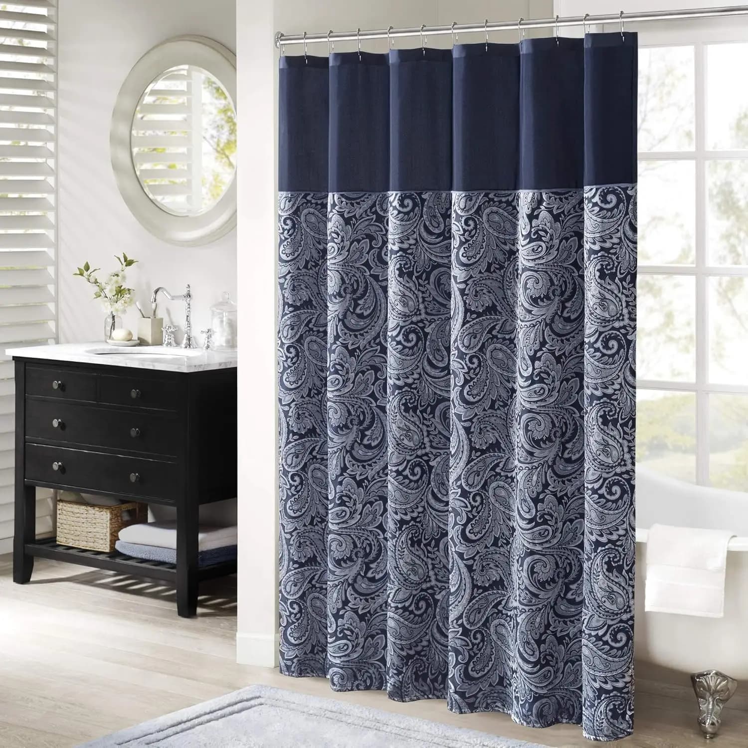 Tenda da Doccia Jacquard Paisley, Blu Navy 72x72 Pollici, in Microfibra Effetto Seta, Decorazione Moderna per Bagno, Schermo Privacy