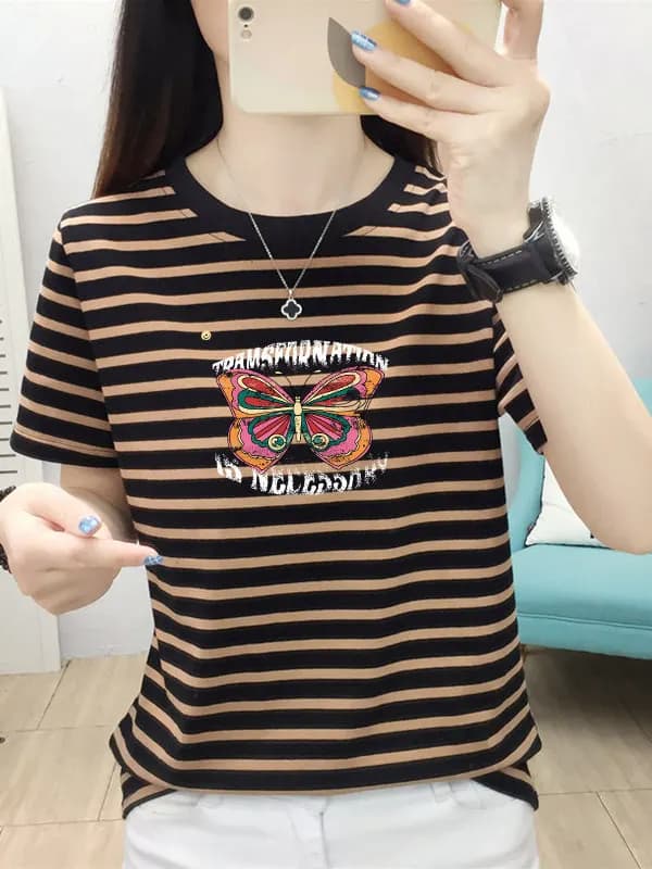 2026 New Black White Striped Short Sleeve T-Shirt Women's Fashionable Maternity Clothes Straight Cut Cotton Blend Top