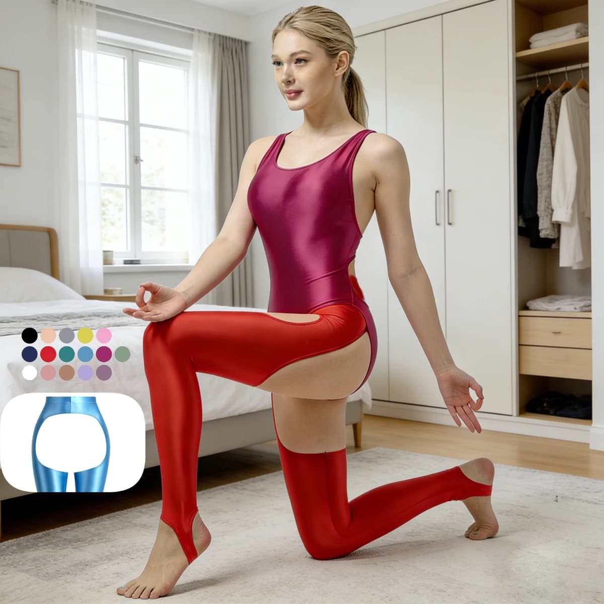MJINM Leggings da donna in raso lucido elasticizzato con apertura frontale e posteriore, a vita alta, per ginnastica, bodybuilding, yoga, sport e clubwear
