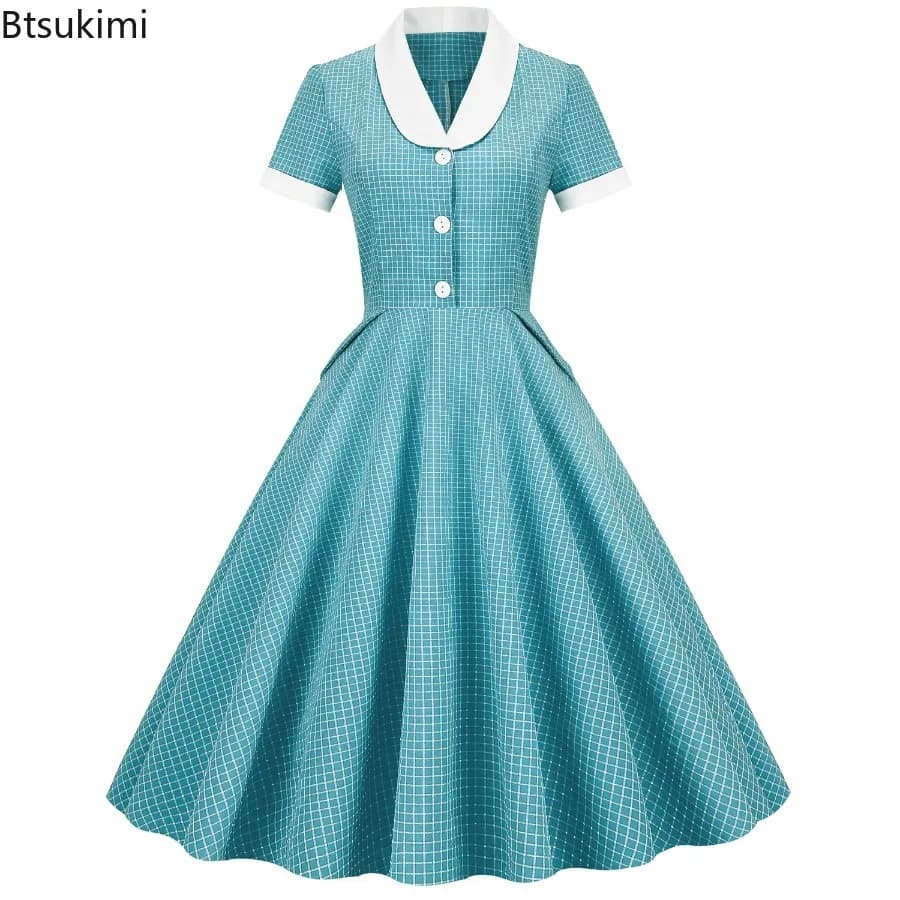 Abito scozzese stile Hepburn delle nuove donne Retro elegante gonna lunga rock Abito estivo casual in lino Abito grande altalena di media lunghezza