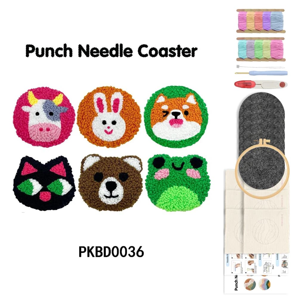 GATYZTORY 6pcs Animal Punch Needle Coaster Kit DIY Handmade Table Decor Cup Mat Punch Needle Embroidery Craft Kits Home Decor