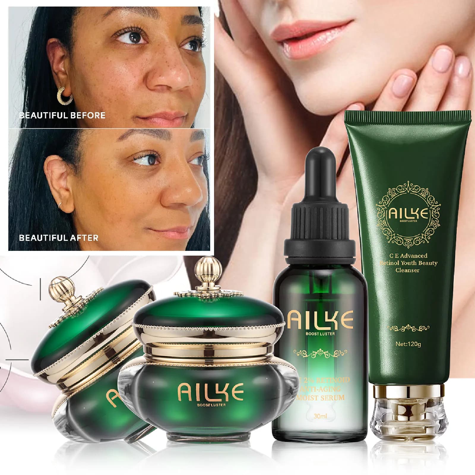 AILKE Face cream for removal of dark spots, with retinol, vitamin C, reduces freckles, melanin Set for care of bright skin day and night