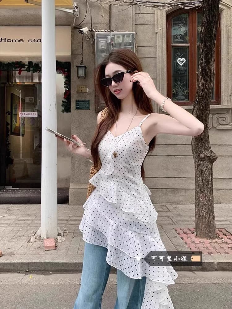 Elegant Summer Short Skirt with Lace Trim Polka Dot Asymmetrical Waist Cinched A-Line Tea Break Casual Wear for Women