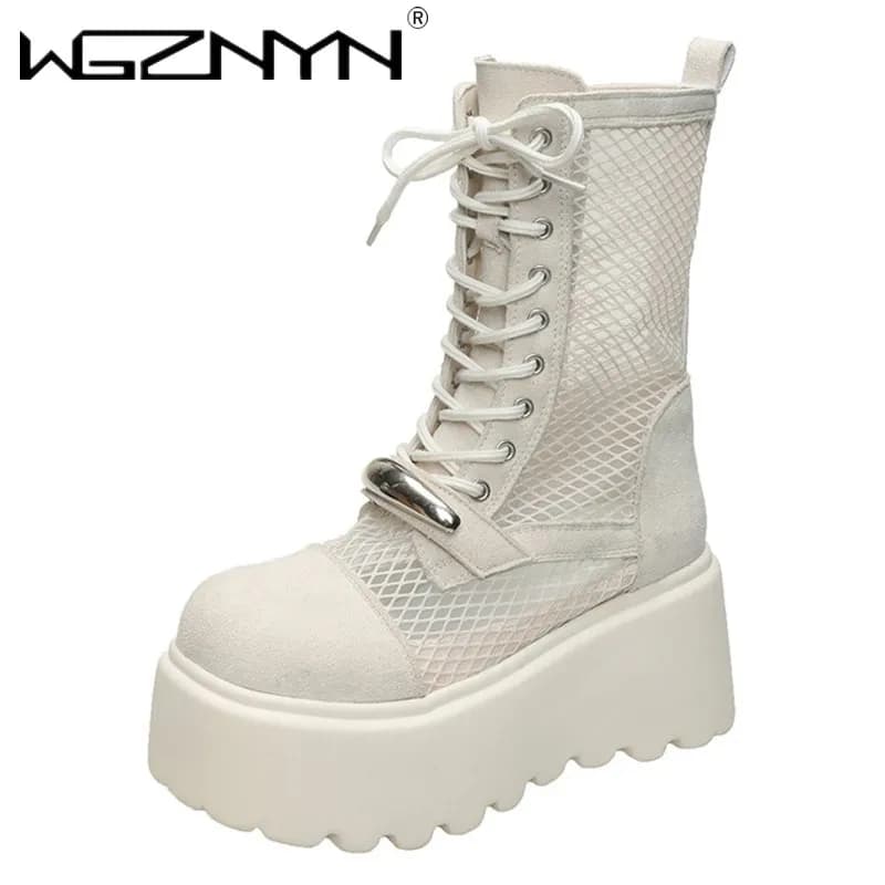 Stivaletti con plateau estivi di nuova progettazione per donna Sandali traspiranti in rete bianca nera Scarpe casual Stivaletti con fondo spesso da donna