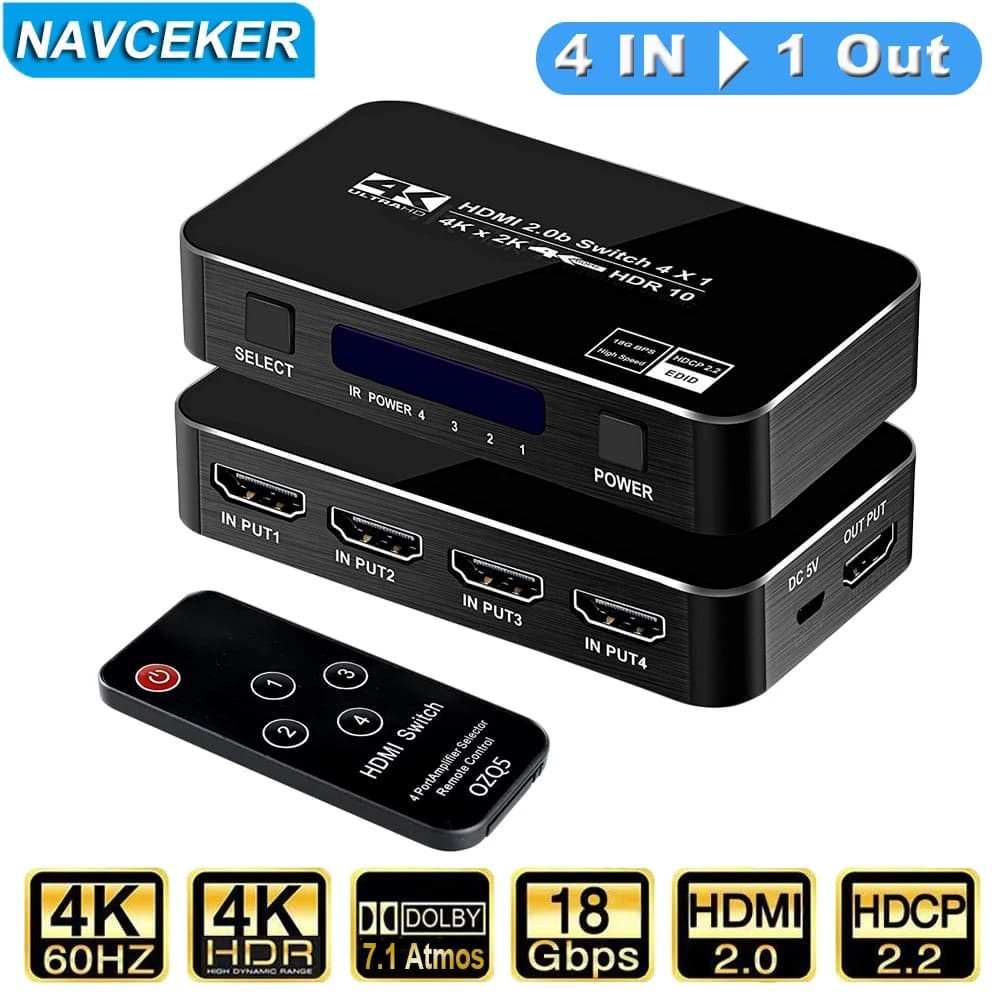 Navceker Remote HDMI Switcher 4K 60Hz HDMI Switch 4 Ports 4 Inputs 1 Output HDMI Automatic Splitter Switch for Laptop PS5 XBox